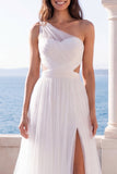 Robe de mariée ivoire à une épaule découpée à ligne A avec fente