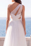 Robe de mariée ivoire à une épaule découpée à ligne A avec fente