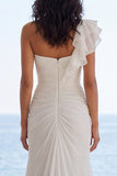Robe de mariée de plage à volants avec traîne de sirène ivoire froncée et fente