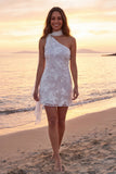 Robe de mariée courte ivoire à fleurs à une épaule avec écharpe
