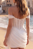 Robe de mariée courte corset ivoire froncée à épaules décalées avec volants