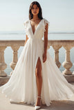 Robe de mariée en chiffon en ligne ivoire à volants en V avec fente