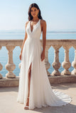 Robe de mariée à col en V en ivoire avec traîne à large ligne et fendue