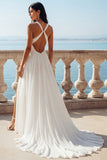 Robe de mariée à col en V en ivoire avec traîne à large ligne et fendue