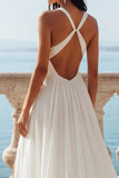 Robe de mariée à col en V en ivoire avec traîne à large ligne et fendue