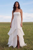 Robe de mariée bohème à volants en ivoire sans bretelles A Line avec fente