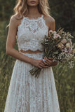 Robe de mariée bohème en dentelle ivoire à volants A en deux pièces