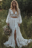 Robe de mariée bohème, ligne bohème à manches longues en dentelle ivoire à volants