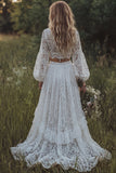Robe de mariée bohème, ligne bohème à manches longues en dentelle ivoire à volants