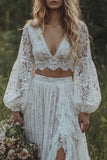 Robe de mariée bohème, ligne bohème à manches longues en dentelle ivoire à volants