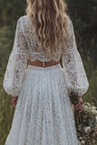 Robe de mariée bohème, ligne bohème à manches longues en dentelle ivoire à volants