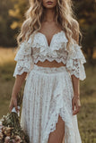Robe de mariée bohème en dentelle à épaules décalées en ivoire à volants A Line