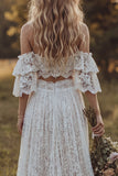Robe de mariée bohème en dentelle à épaules décalées en ivoire à volants A Line