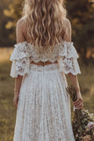 Robe de mariée bohème en dentelle à épaules décalées en ivoire à volants A Line