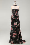 Robe longue de cérémonie en chiffon fleuri sirène noire avec fente