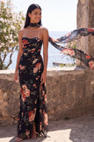 Robe longue de cérémonie en chiffon fleuri sirène noire avec fente