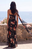 Robe longue de cérémonie en chiffon fleuri sirène noire avec fente