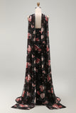 Robe longue de cérémonie en chiffon fleuri sirène noire avec fente