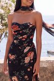 Robe longue de cérémonie en chiffon fleuri sirène noire avec fente