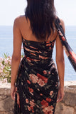 Robe longue de cérémonie en chiffon fleuri sirène noire avec fente