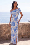Robe mascale à la sirène fleur bleue dénudée avec fente