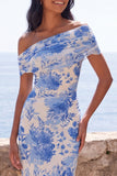 Robe mascale à la sirène fleur bleue dénudée avec fente