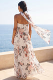 Robe à motifs floraux plissés A-Line Sweetheart Ivory Ivory avec foulard au col