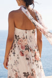 Robe à motifs floraux plissés A-Line Sweetheart Ivory Ivory avec foulard au col