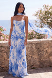 Robe Maxi en chiffon sans bretelles fleur fleur bleue avec écharpe au col