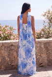 Robe Maxi en chiffon sans bretelles fleur fleur bleue avec écharpe au col