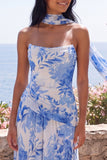 Robe Maxi en chiffon sans bretelles fleur fleur bleue avec écharpe au col