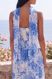 Robe Maxi en chiffon sans bretelles fleur fleur bleue avec écharpe au col
