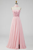 Robe Maxi Fleurie A-Line en chiffon rose sans bretelles avec fente