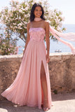 Robe Maxi Fleurie A-Line en chiffon rose sans bretelles avec fente