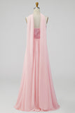 Robe Maxi Fleurie A-Line en chiffon rose sans bretelles avec fente