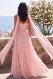 Robe Maxi Fleurie A-Line en chiffon rose sans bretelles avec fente