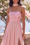 Robe Maxi Fleurie A-Line en chiffon rose sans bretelles avec fente