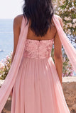 Robe Maxi Fleurie A-Line en chiffon rose sans bretelles avec fente