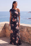 Robe longue de cérémonie en chiffon fleuri à fleurs en sirène noire à une épaule