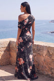 Robe longue de cérémonie en chiffon fleuri à fleurs en sirène noire à une épaule