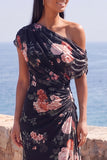 Robe longue de cérémonie en chiffon fleuri à fleurs en sirène noire à une épaule