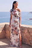 Robe longue de cérémonie en chiffon fleuri à fleurs en sirène noire à une épaule