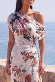 Robe longue de cérémonie en chiffon fleuri à fleurs en sirène noire à une épaule