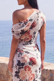 Robe longue de cérémonie en chiffon fleuri à fleurs en sirène noire à une épaule