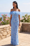 Robe maskini fleurie bleu sirène à volants décollés avec des appliques