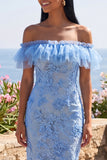 Robe maskini fleurie bleu sirène à volants décollés avec des appliques