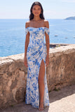 Robe maskini en chiffon bleu sirène décollée sur l’épaule avec fente