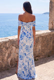 Robe maskini en chiffon bleu sirène décollée sur l’épaule avec fente