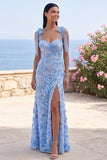 Robe maskini fleurie appliquée bleu sirène avec nœud