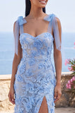 Robe maskini fleurie appliquée bleu sirène avec nœud